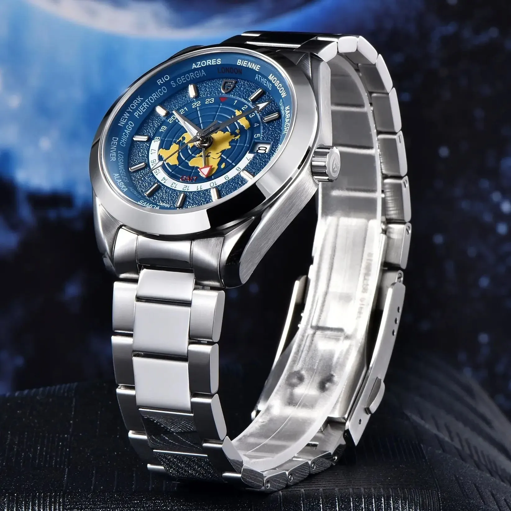Men's mechanical GMT dual time zone watch with 40mm dial, sapphire crystal glass, and stainless steel buckle, blue dial