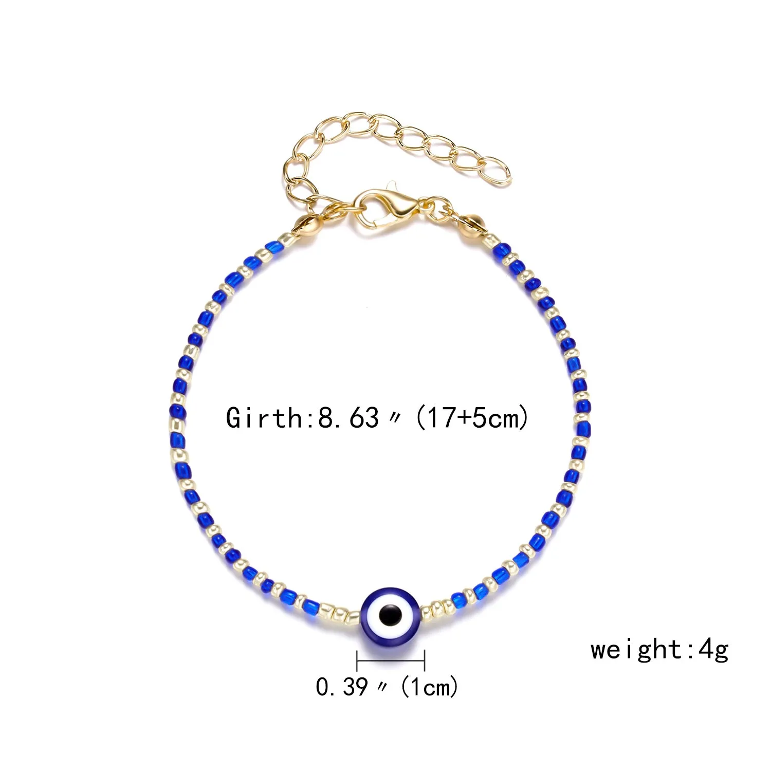 Handmade black string bracelet with evil eye charm and blue beads on a white background
