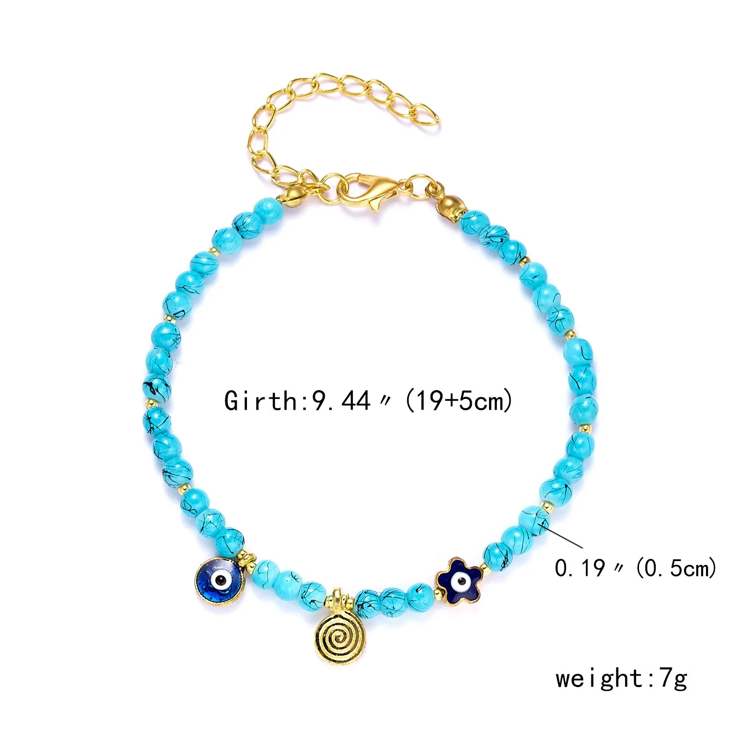 Handmade black string bracelet with evil eye charm and blue beads on a white background