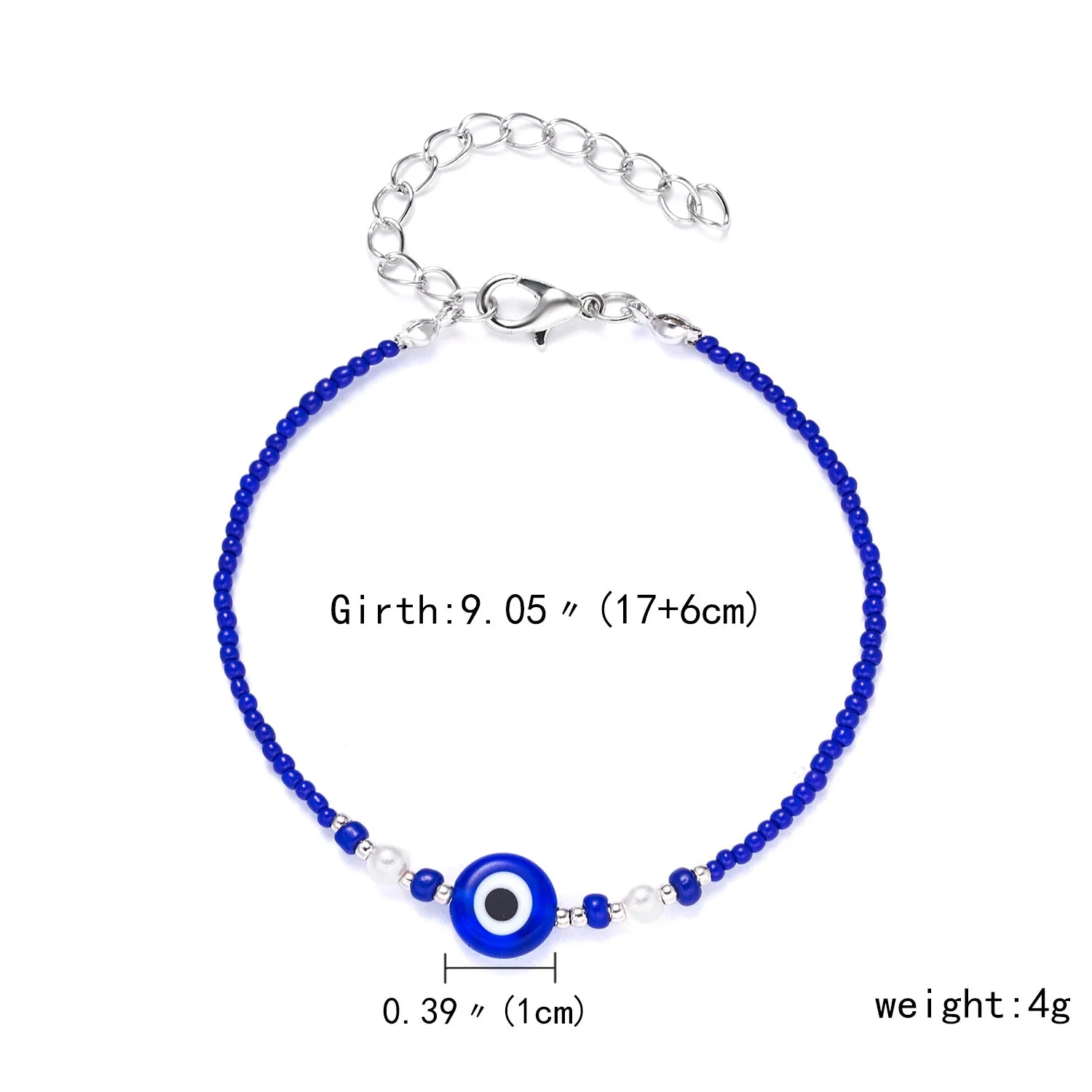 Handmade black string bracelet with evil eye charm and blue beads on a white background