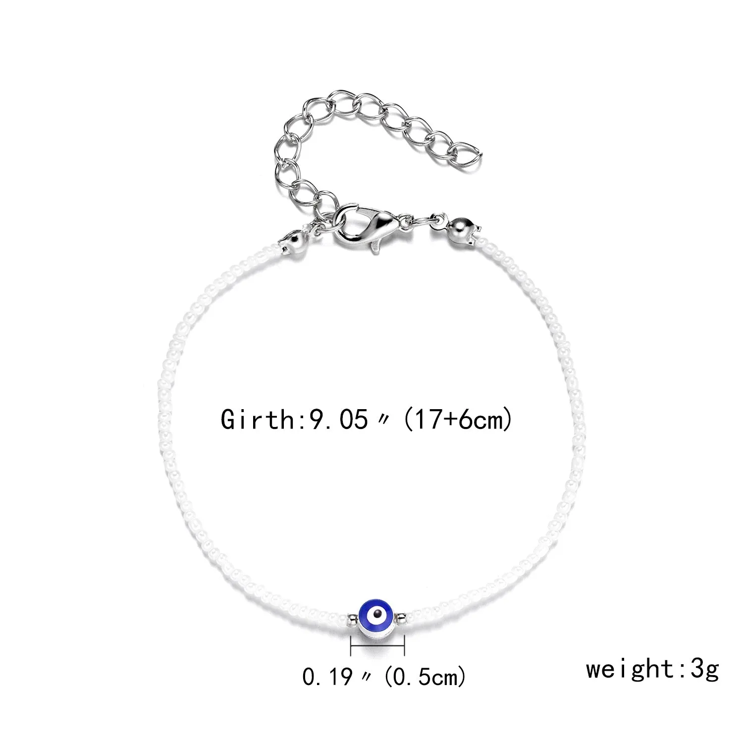 Handmade black string bracelet with evil eye charm and blue beads on a white background