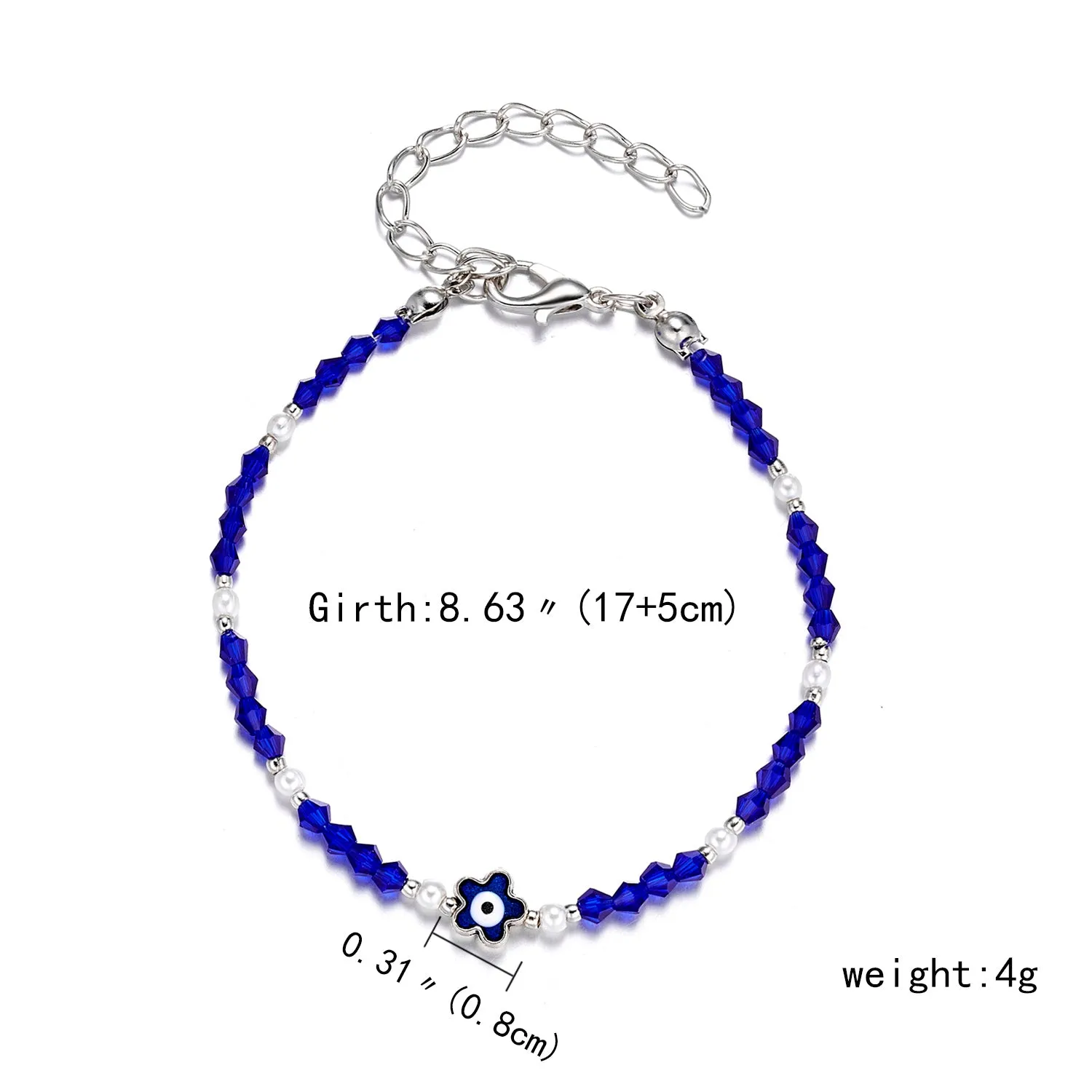 Handmade black string bracelet with evil eye charm and blue beads on a white background