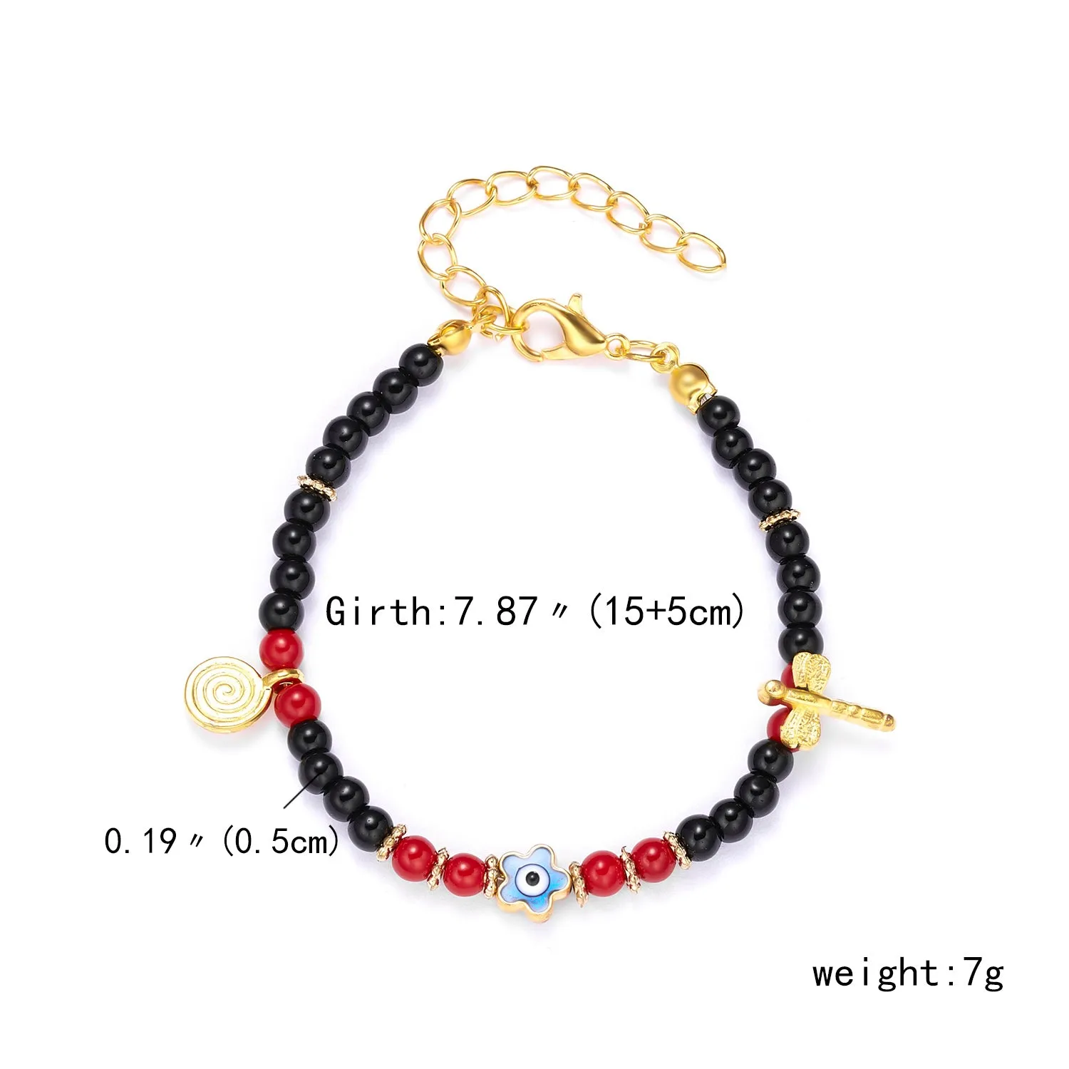 Handmade black string bracelet with evil eye charm and blue beads on a white background