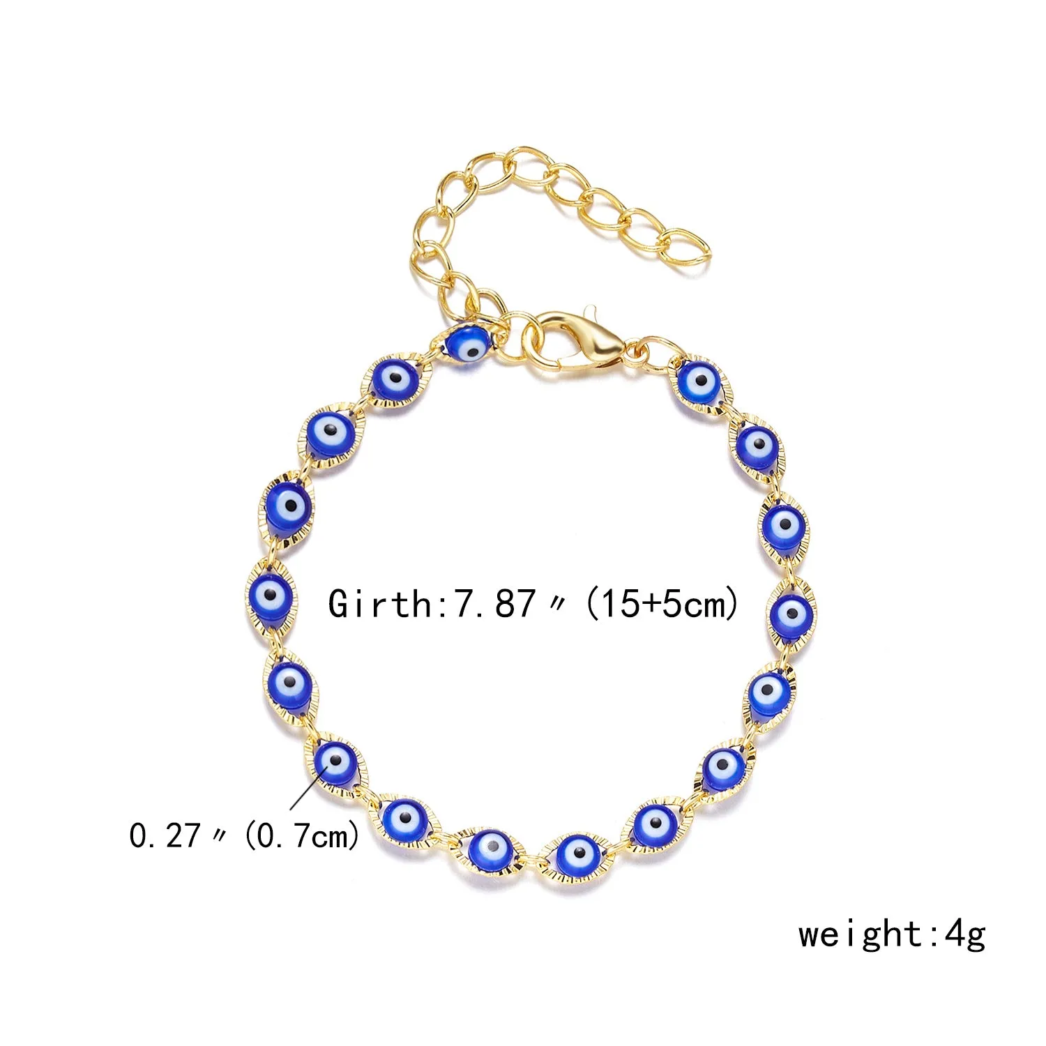 Handmade black string bracelet with evil eye charm and blue beads on a white background