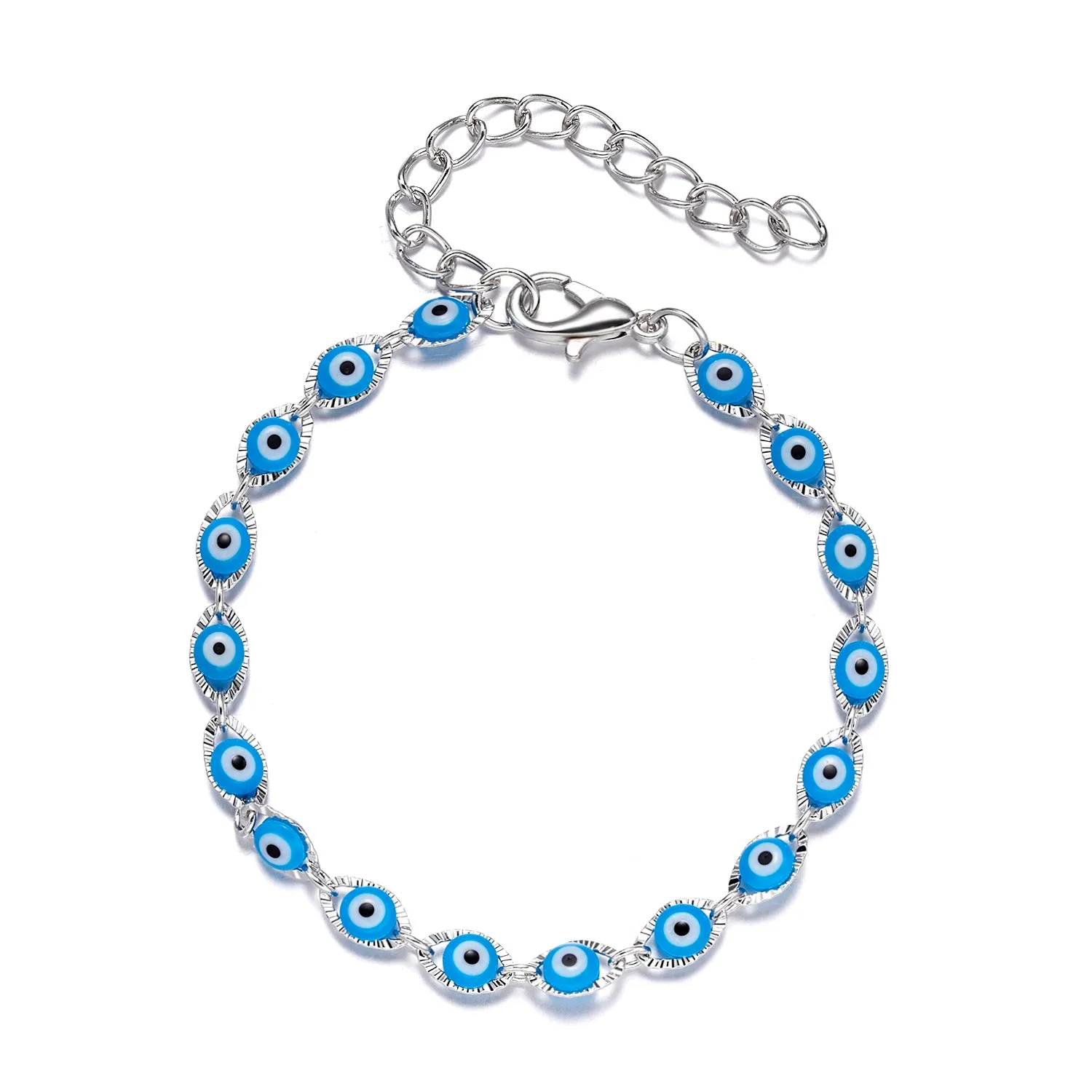 Handmade black string bracelet with evil eye charm and blue beads on a white background