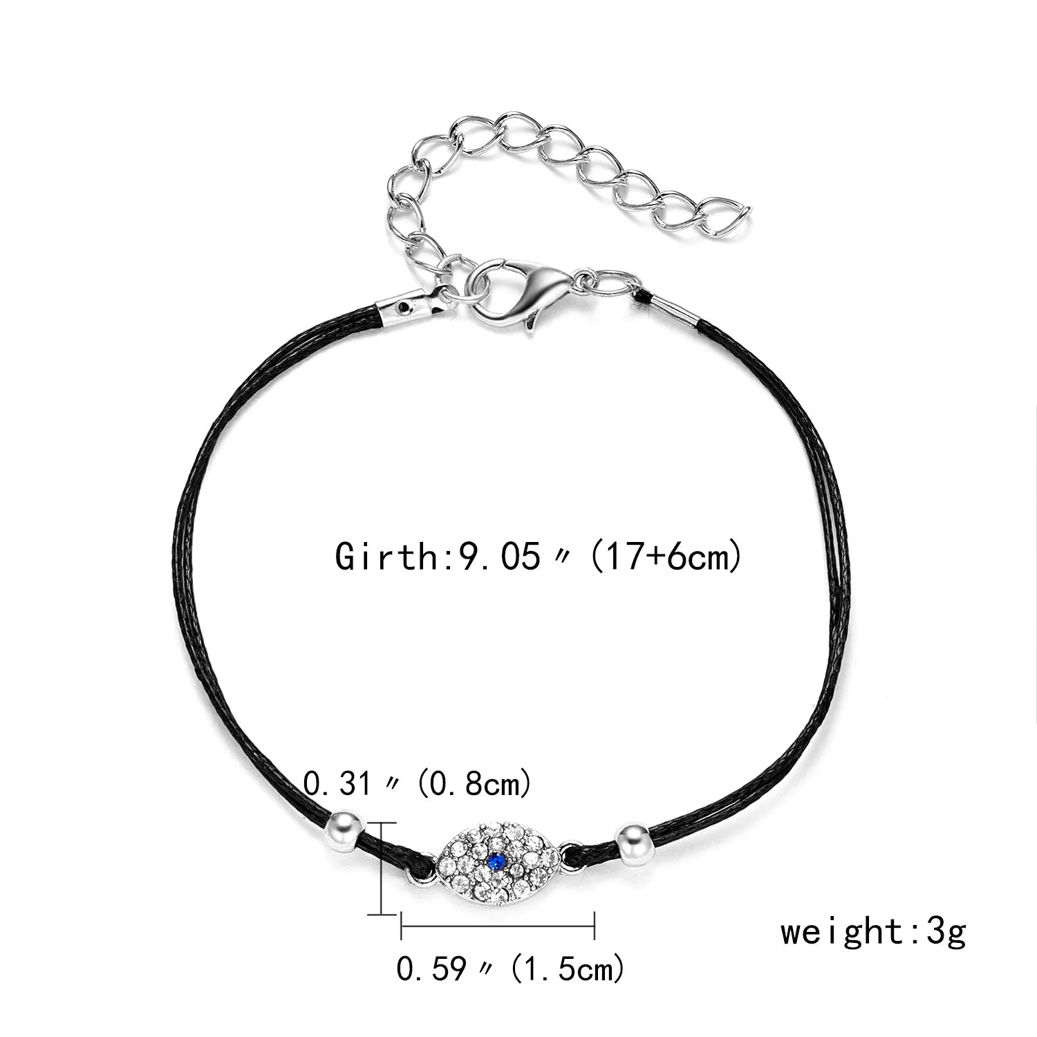 Handmade black string bracelet with evil eye charm and blue beads on a white background