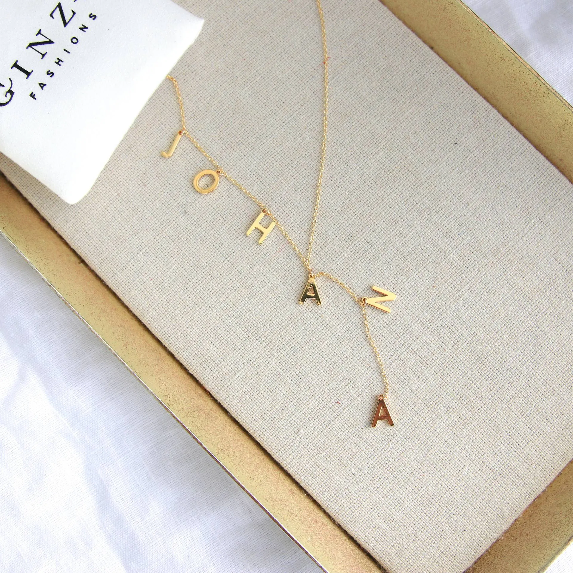 Lariat Y name necklace with dainty bubble letters pendant gold colour on copper O chain