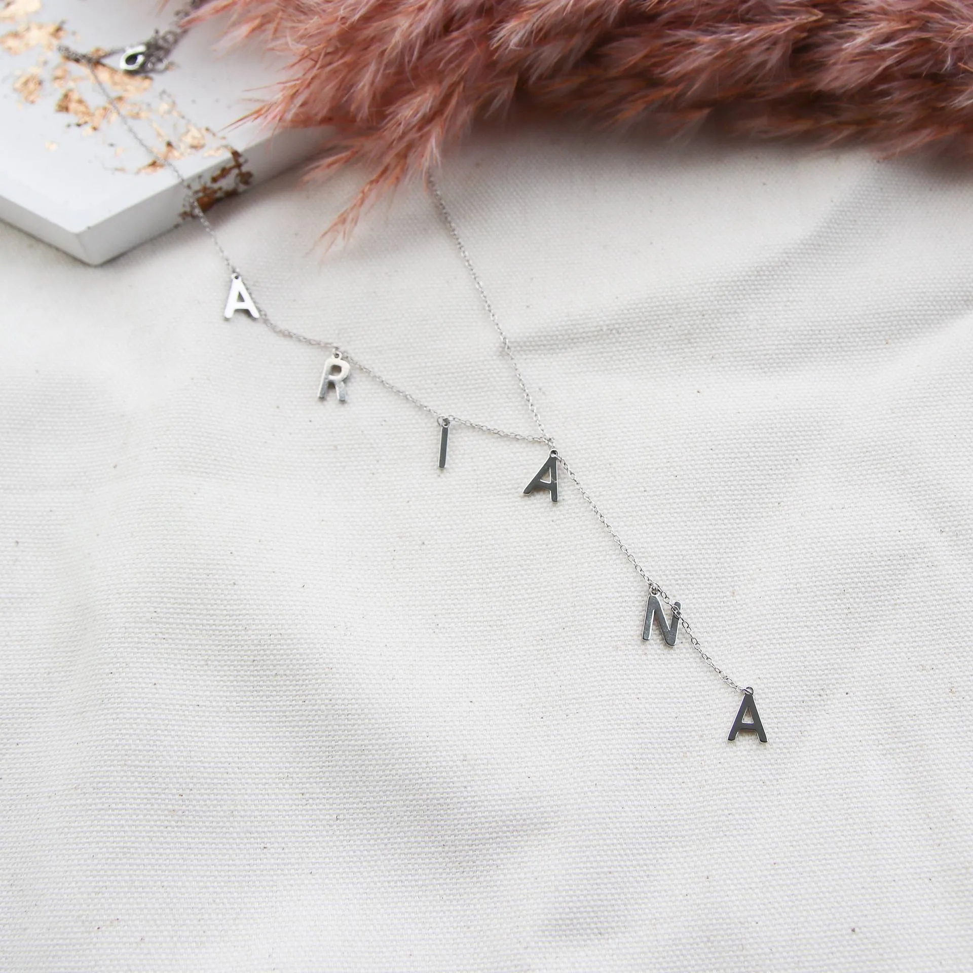 Lariat Y name necklace with dainty bubble letters pendant gold colour on copper O chain