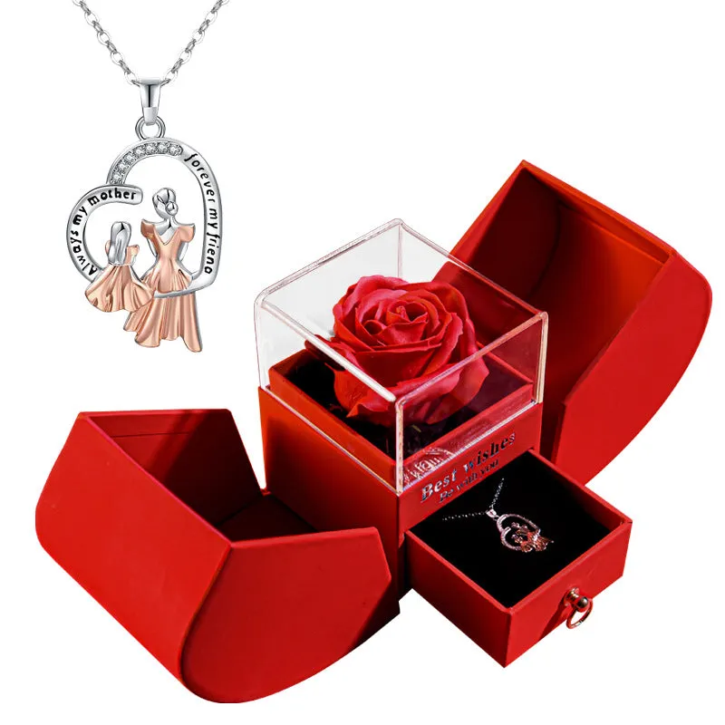 Red eternal rose necklace in apple-shaped jewellery gift box on display
