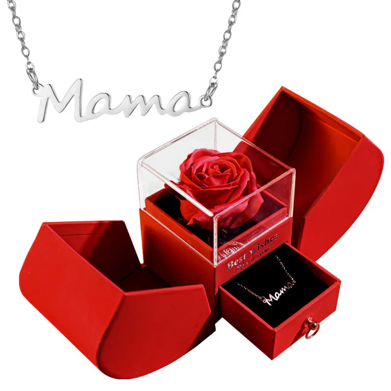 Red eternal rose necklace in apple-shaped jewellery gift box on display
