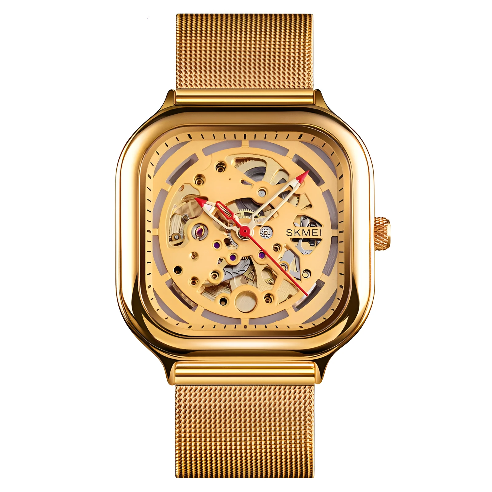 Hollow men's automatic mechanical watch with 41mm dial, black face, and see-through case back