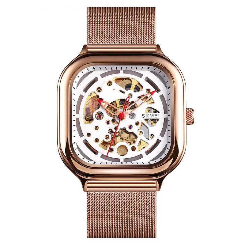 Hollow men's automatic mechanical watch with 41mm dial, black face, and see-through case back