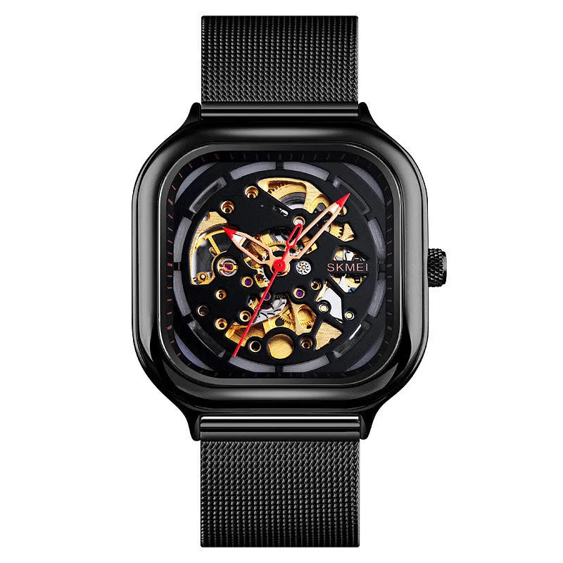 Hollow men's automatic mechanical watch with 41mm dial, black face, and see-through case back