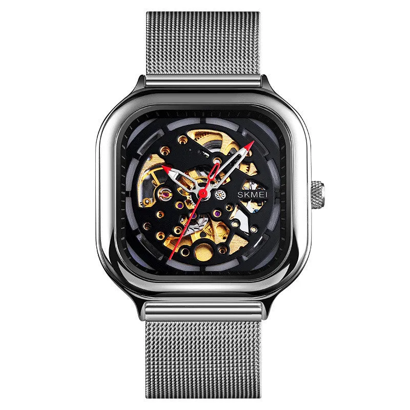Hollow men's automatic mechanical watch with 41mm dial, black face, and see-through case back