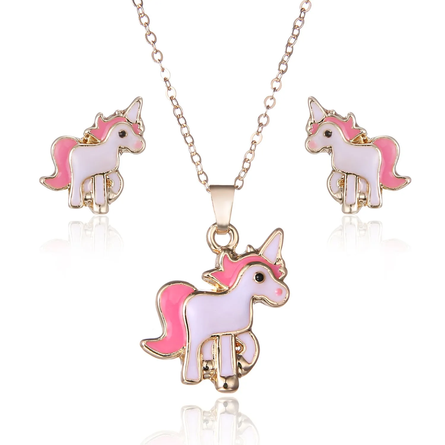 Alloy pony pendant necklace with oil painting horse motif in gold finish on chain