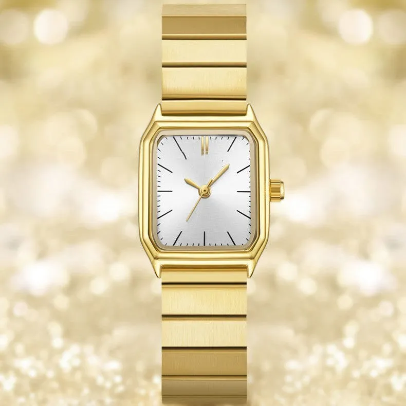 Women's square watch with yellow or white dial, 22mm by 25mm, waterproof with spiral crown and stainless steel clasp