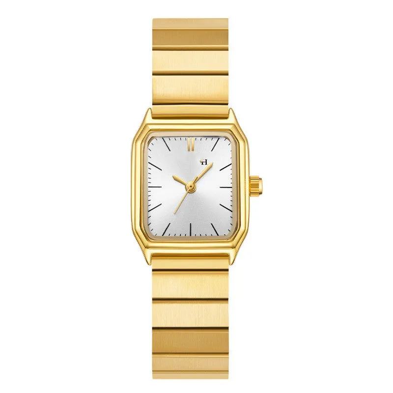 Women's square watch with yellow or white dial, 22mm by 25mm, waterproof with spiral crown and stainless steel clasp