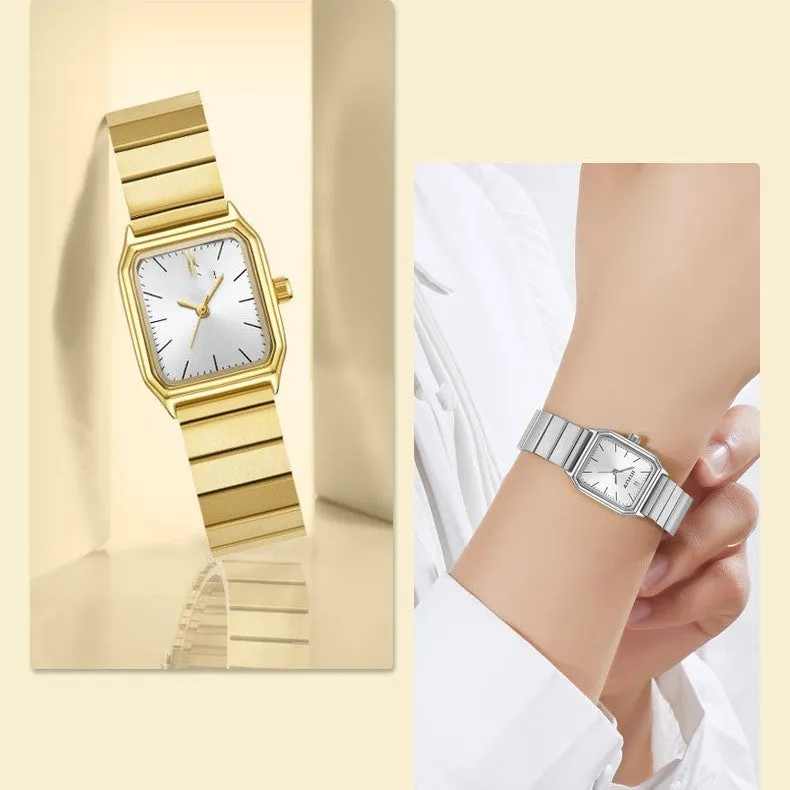 Women's square watch with yellow or white dial, 22mm by 25mm, waterproof with spiral crown and stainless steel clasp