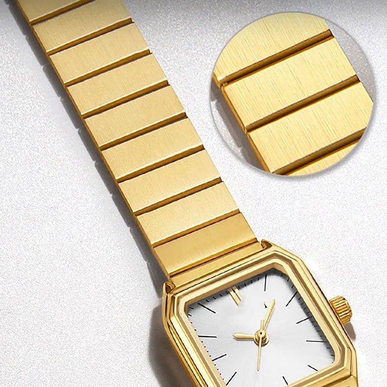Women's square watch with yellow or white dial, 22mm by 25mm, waterproof with spiral crown and stainless steel clasp
