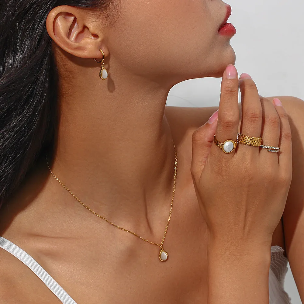 Minimalistic water drops opal earrings and necklace set in stainless steel electroplated finish geometric design