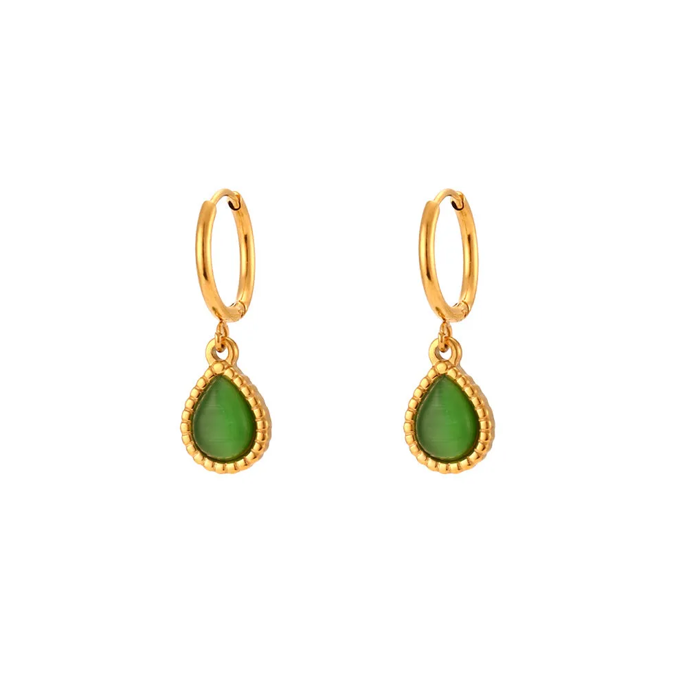 Minimalistic water drops opal earrings and necklace set in stainless steel electroplated finish geometric design