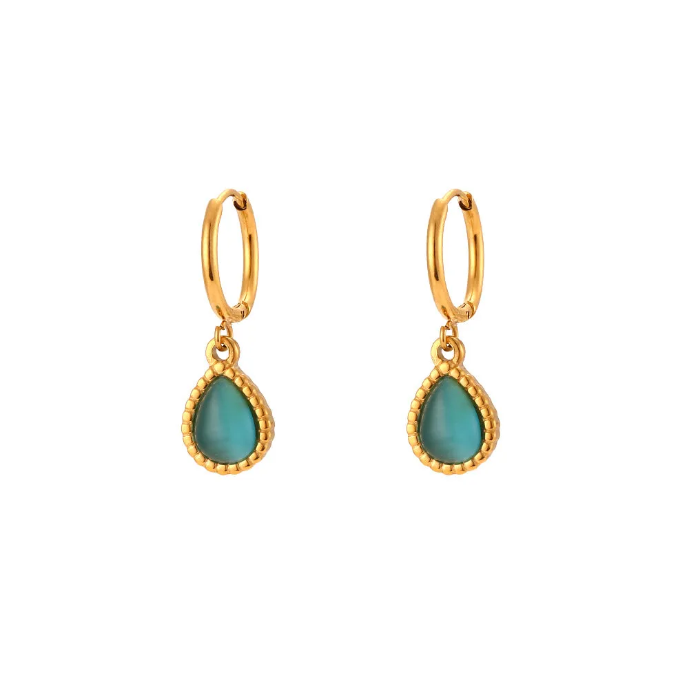Minimalistic water drops opal earrings and necklace set in stainless steel electroplated finish geometric design