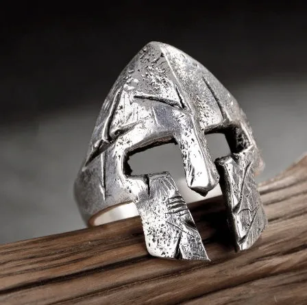 Spartan hero helmet mask copper ring in Ancient silver finish on finger