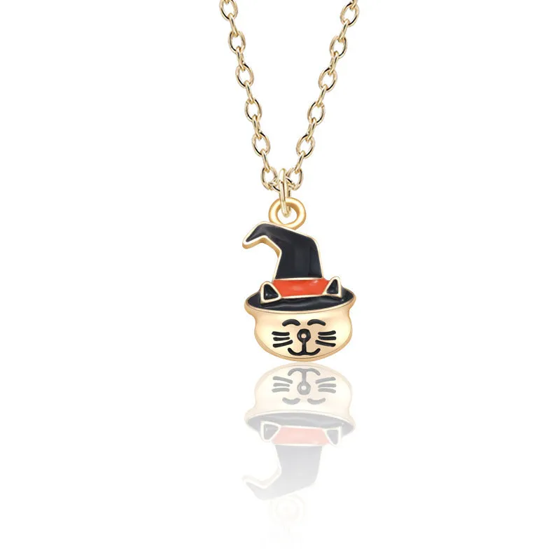Halloween oil drop pumpkin cat necklace pendant alloy chain 45+5cm clavicle style
