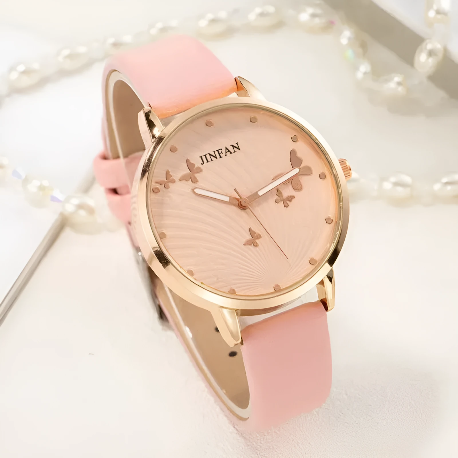 Student Sweet Butterfly Macron quartz wrist watch 36mm dial alloy band titanium buckle pink white
