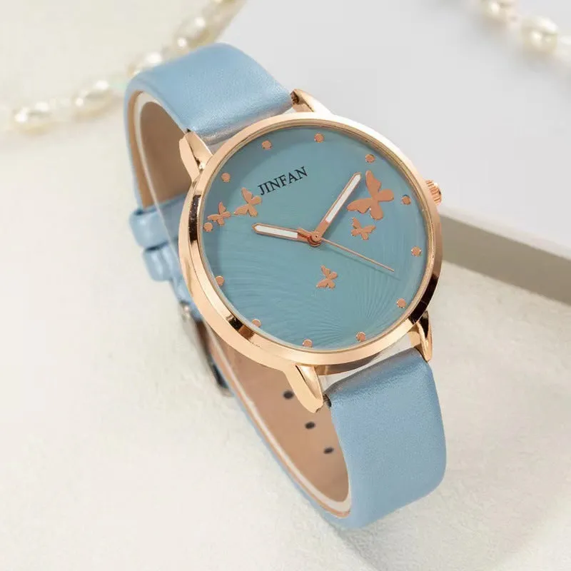 Student Sweet Butterfly Macron quartz wrist watch 36mm dial alloy band titanium buckle pink white