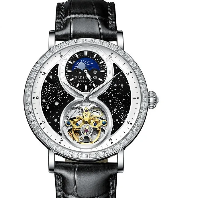 Automatic mechanical watch with black leather strap showing 14mm thick waterproof case on wrist