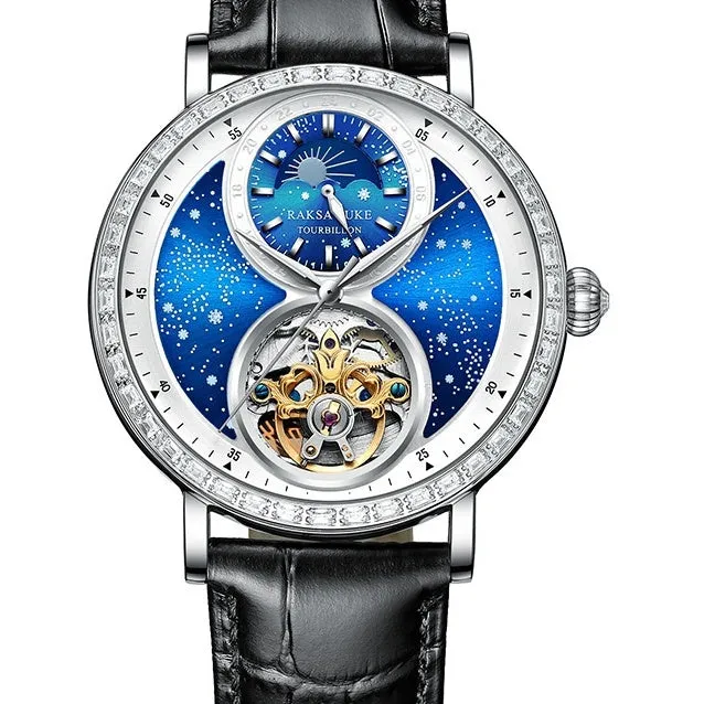 Automatic mechanical watch with black leather strap showing 14mm thick waterproof case on wrist