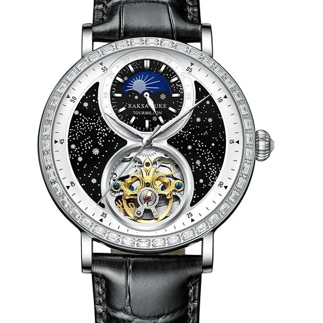 Automatic mechanical watch with black leather strap showing 14mm thick waterproof case on wrist
