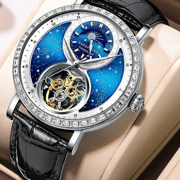 Automatic mechanical watch with black leather strap showing 14mm thick waterproof case on wrist