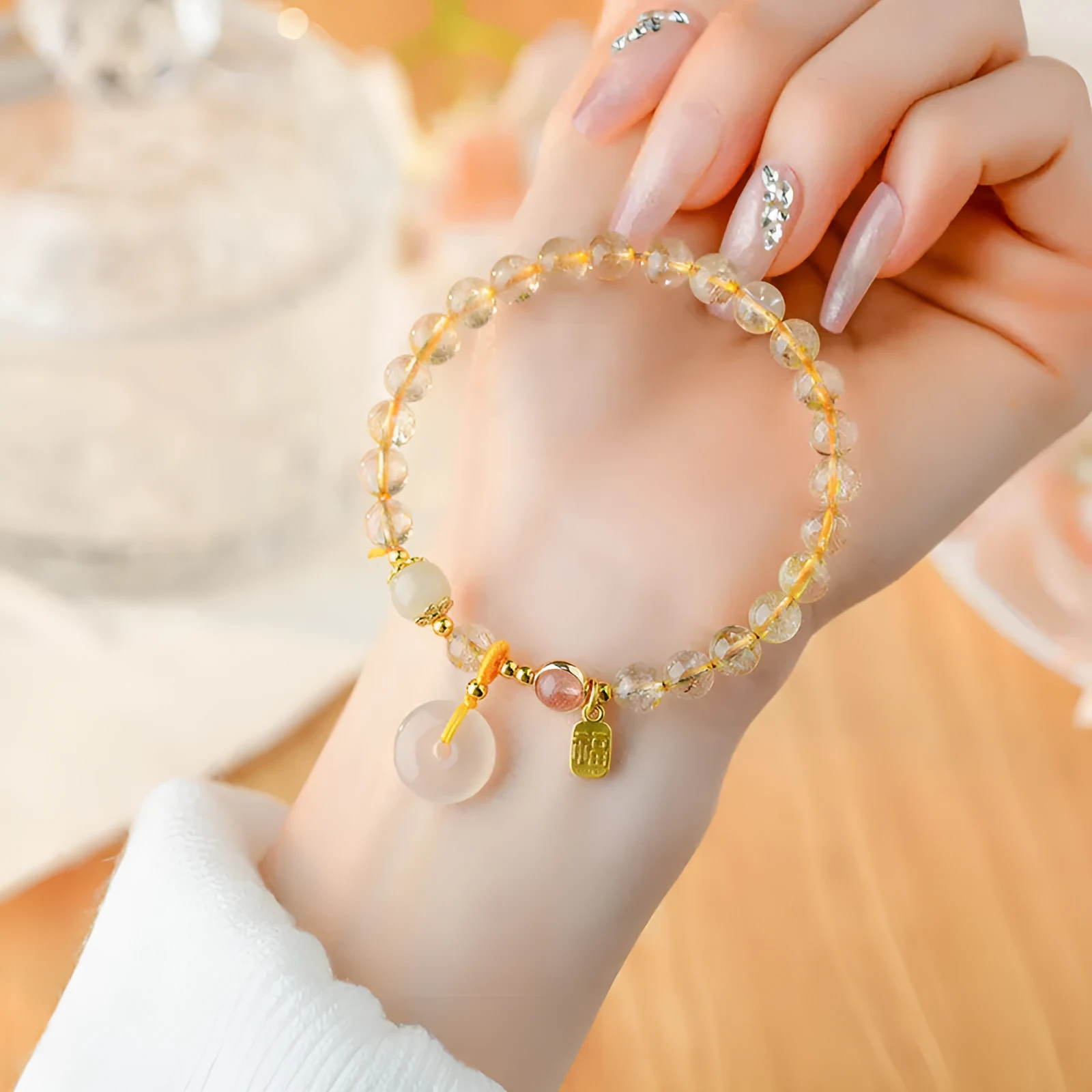 Gold rutilated quartz bracelet with safety buckle and geometric pendant in national style