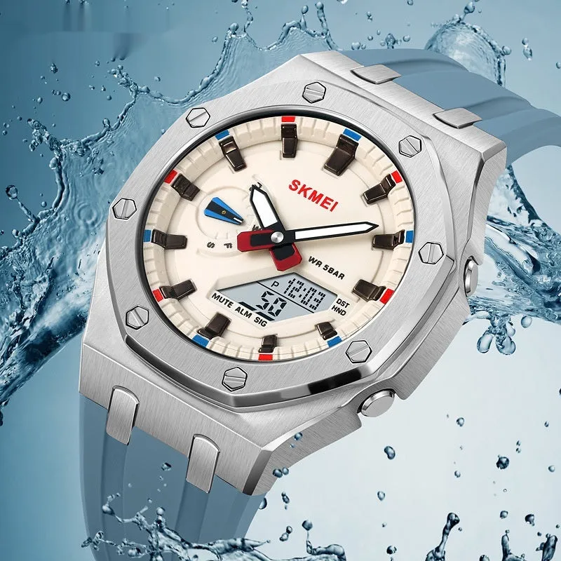Multifunctional sports electronic watch with black shell, LED luminous display, silicone strap, and 50m water resistance
