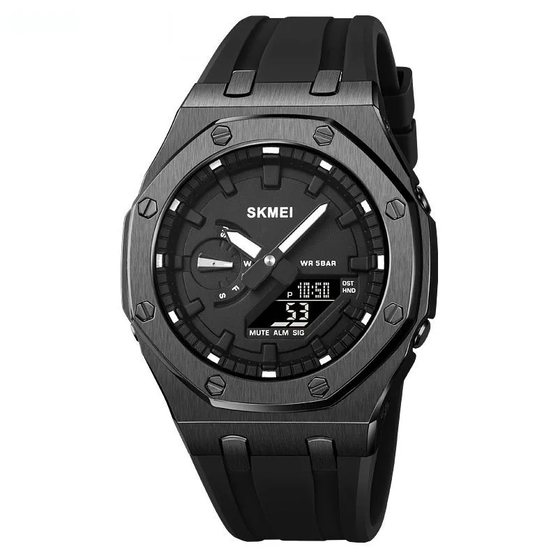 Multifunctional sports electronic watch with black shell, LED luminous display, silicone strap, and 50m water resistance