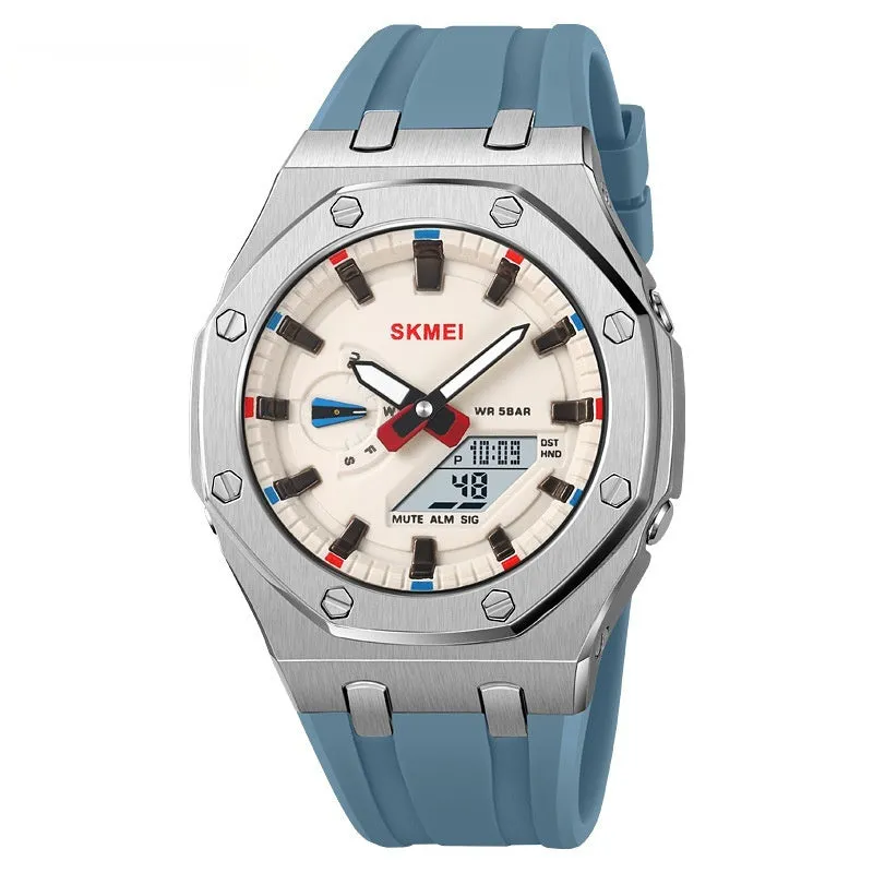 Multifunctional sports electronic watch with black shell, LED luminous display, silicone strap, and 50m water resistance