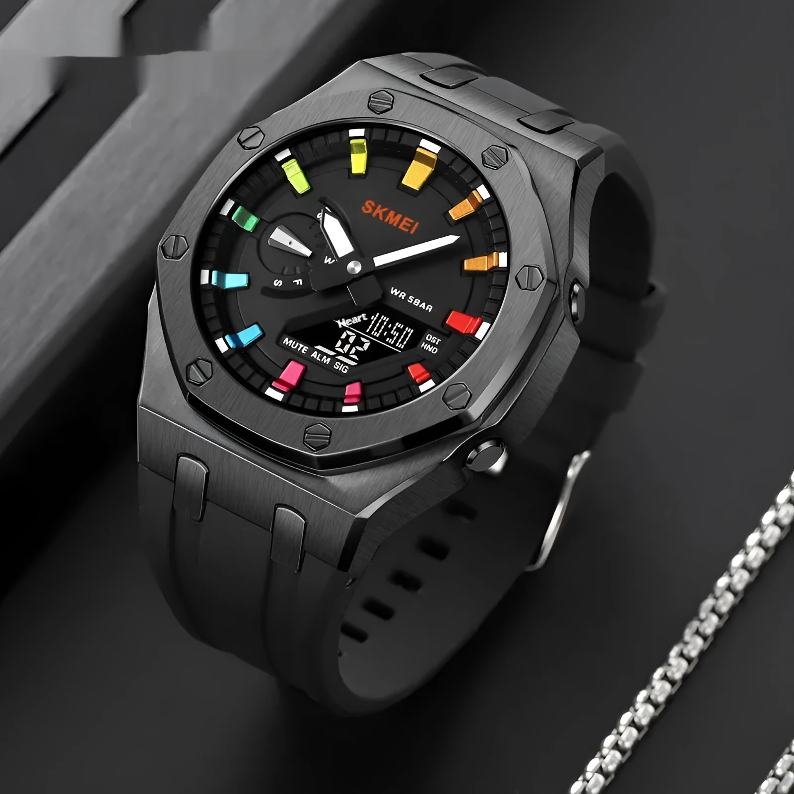 Multifunctional sports electronic watch with black shell, LED luminous display, silicone strap, and 50m water resistance