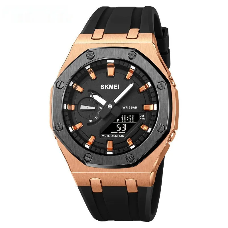 Multifunctional sports electronic watch with black shell, LED luminous display, silicone strap, and 50m water resistance