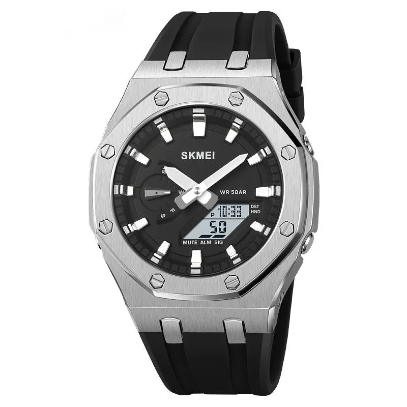 Multifunctional sports electronic watch with black shell, LED luminous display, silicone strap, and 50m water resistance