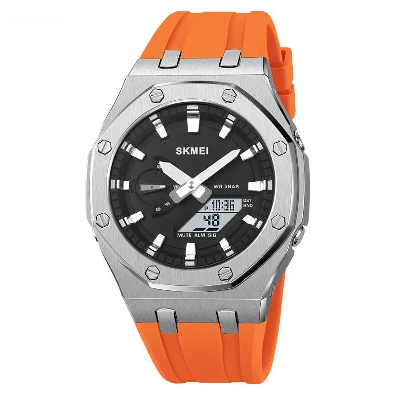 Multifunctional sports electronic watch with black shell, LED luminous display, silicone strap, and 50m water resistance