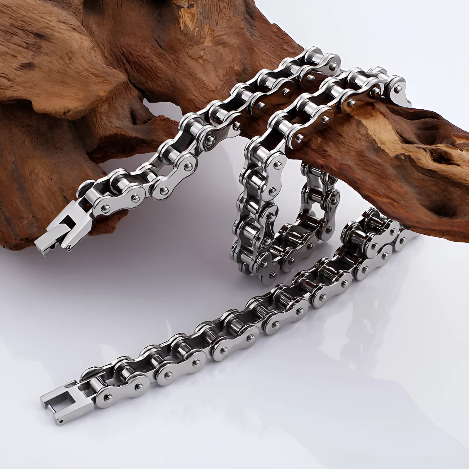 Titanium steel polished bike chain link necklace for men, punk geometric design, adjustable 51-80cm, gold colour option