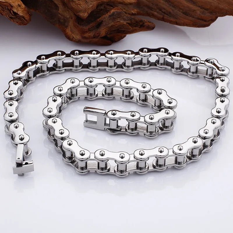 Titanium steel polished bike chain link necklace for men, punk geometric design, adjustable 51-80cm, gold colour option