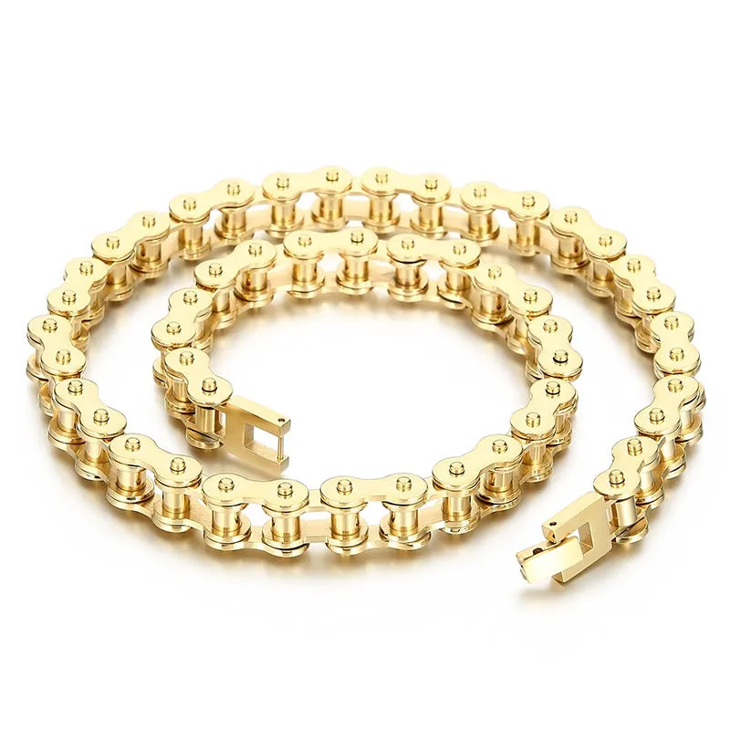 Titanium steel polished bike chain link necklace for men, punk geometric design, adjustable 51-80cm, gold colour option