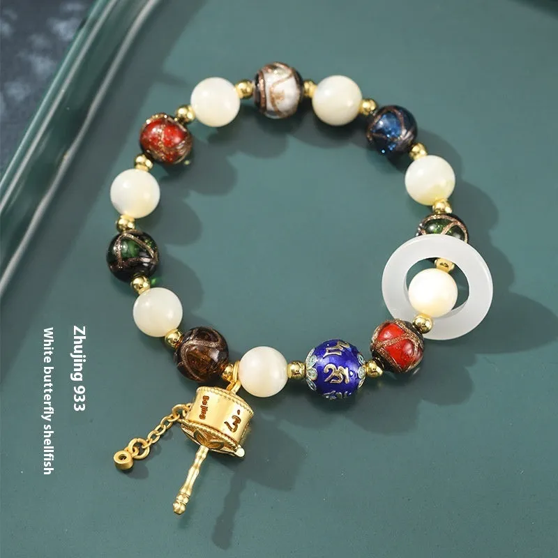 Hand-woven women's bracelet with fragrant grey coloured glaze and round beads