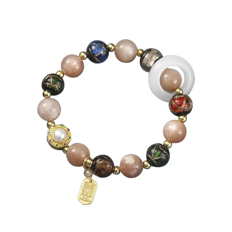 Hand-woven women's bracelet with fragrant grey coloured glaze and round beads