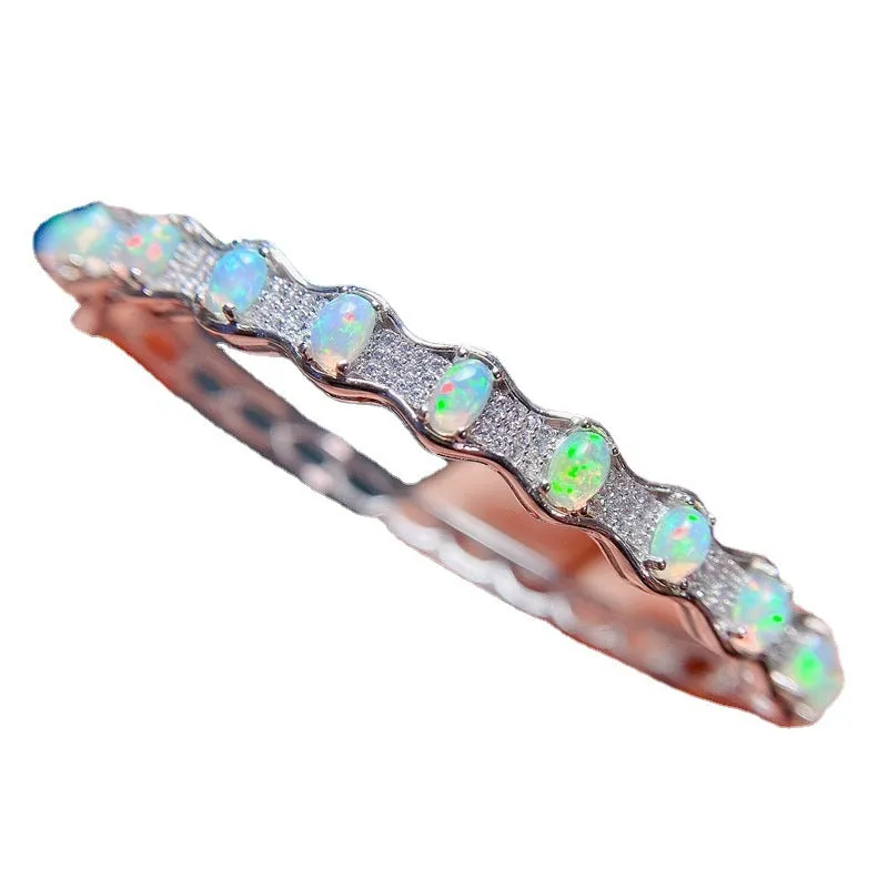Natural opal bracelet in 925 silver with white gold plating, platinum colour, women's casual style