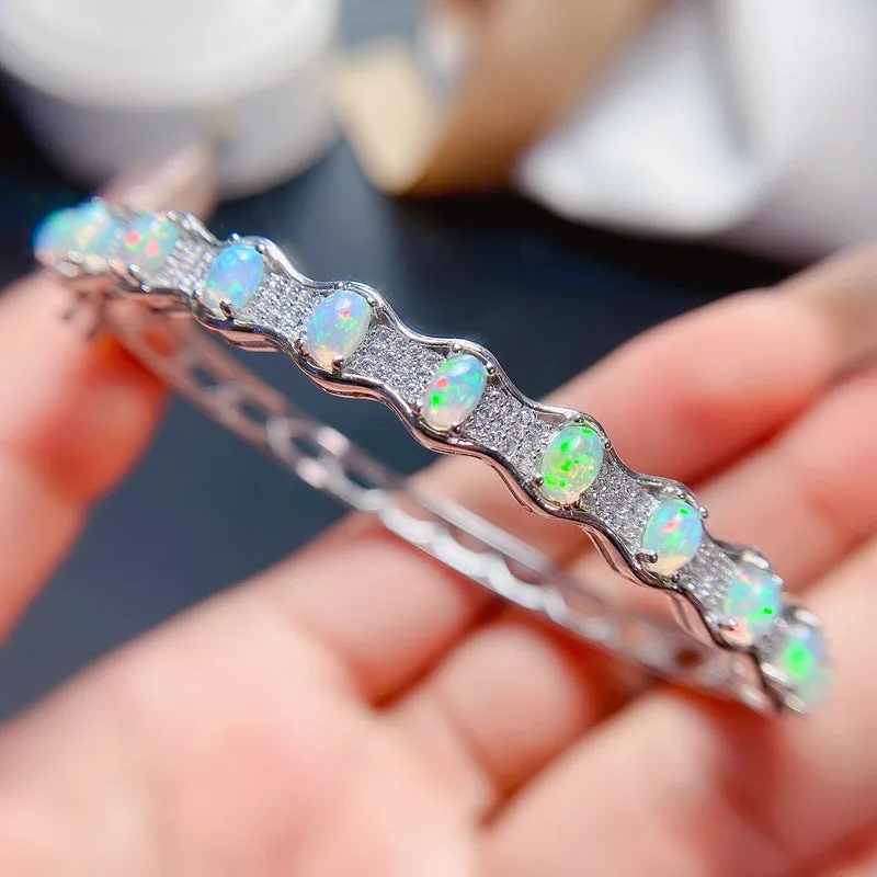 Natural opal bracelet in 925 silver with white gold plating, platinum colour, women's casual style
