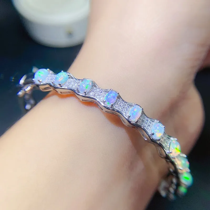 Natural opal bracelet in 925 silver with white gold plating, platinum colour, women's casual style